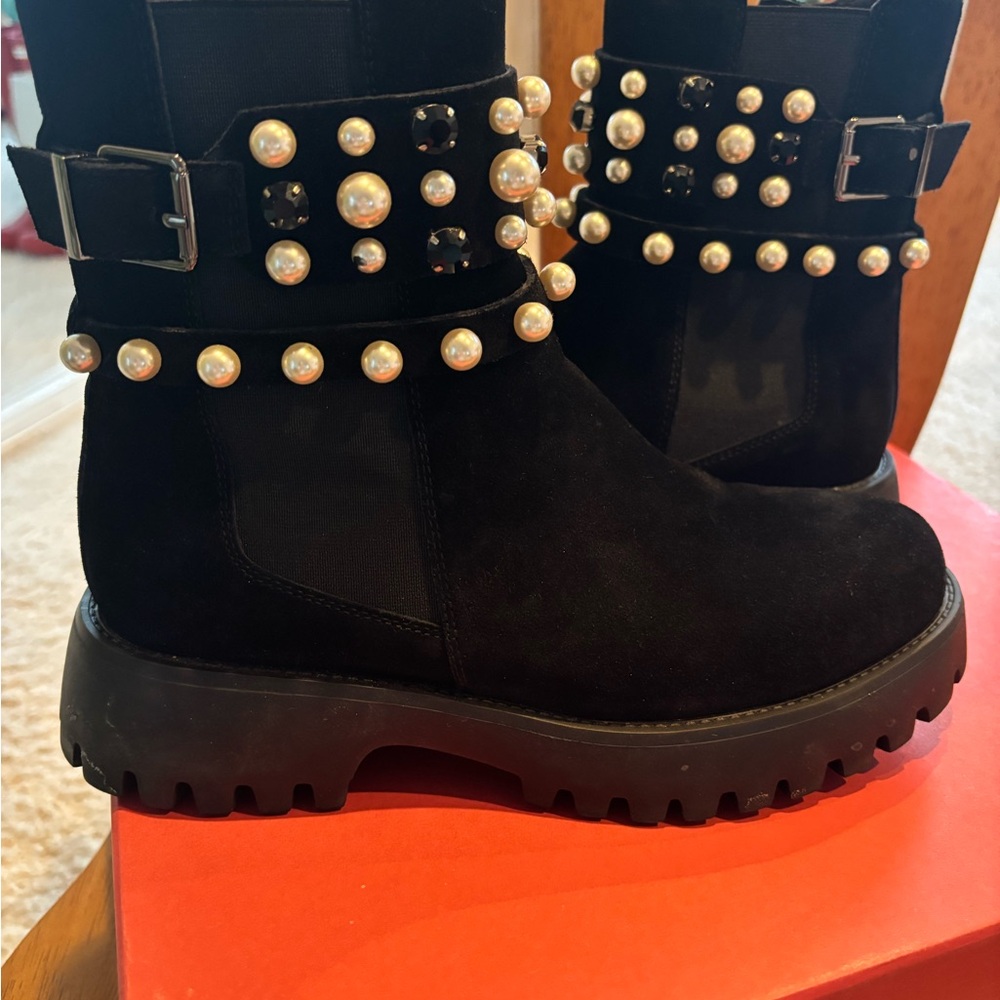 Pearl-Embellished Black Ankle Boots